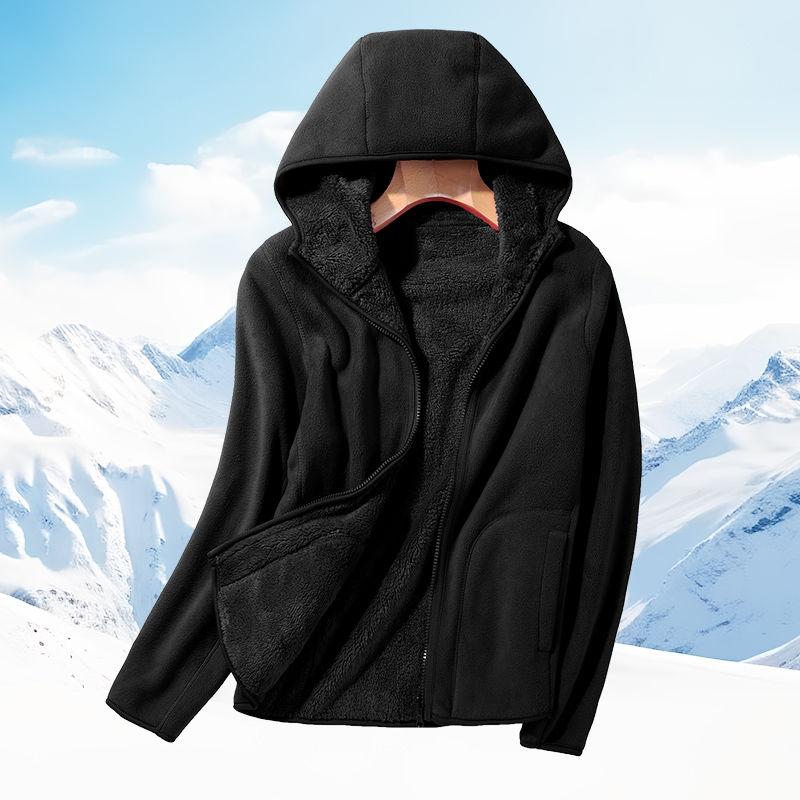 Zip-up Hooded Double-sided Wear Flannel Sweatshirt Women Thick Slim Fleece-lined Jacket Outdoor Sports Y2k Autumn Winter Coat S