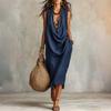 Abito midi da donna casual, vestibilità ampia, girocollo, cotone e lino, senza maniche, stile rilassato da vacanza, abito estivo