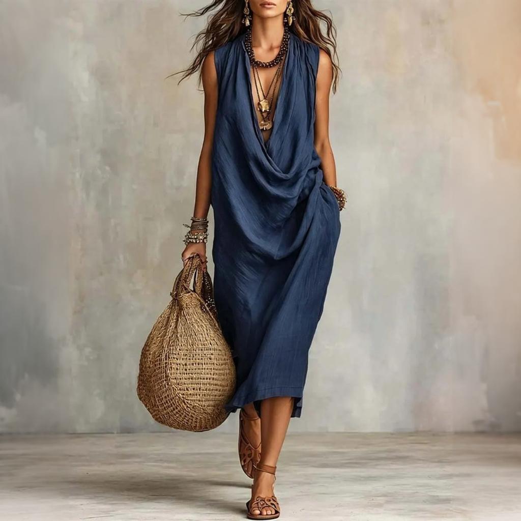 Abito midi da donna casual, vestibilità ampia, girocollo, cotone e lino, senza maniche, stile rilassato da vacanza, abito estivo