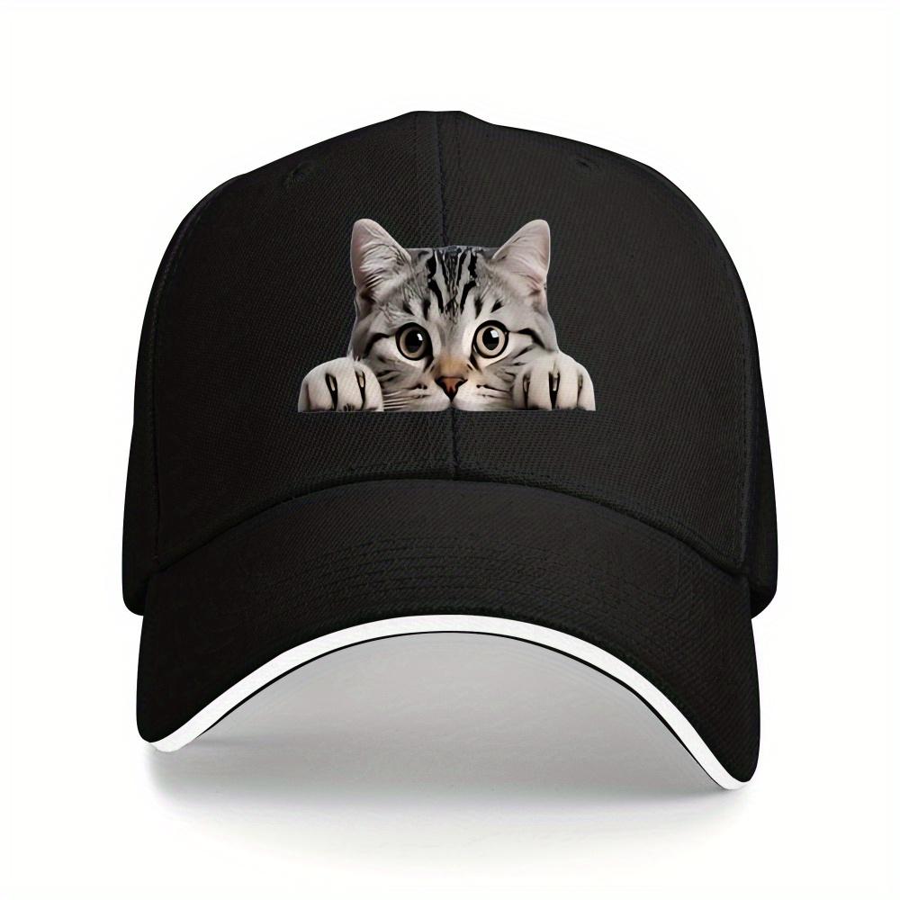 Peeking Cat Face Kitten Design Baseball Cap Polyester Adjustable Strap Casual Outdoor Hat for Unisex Adults