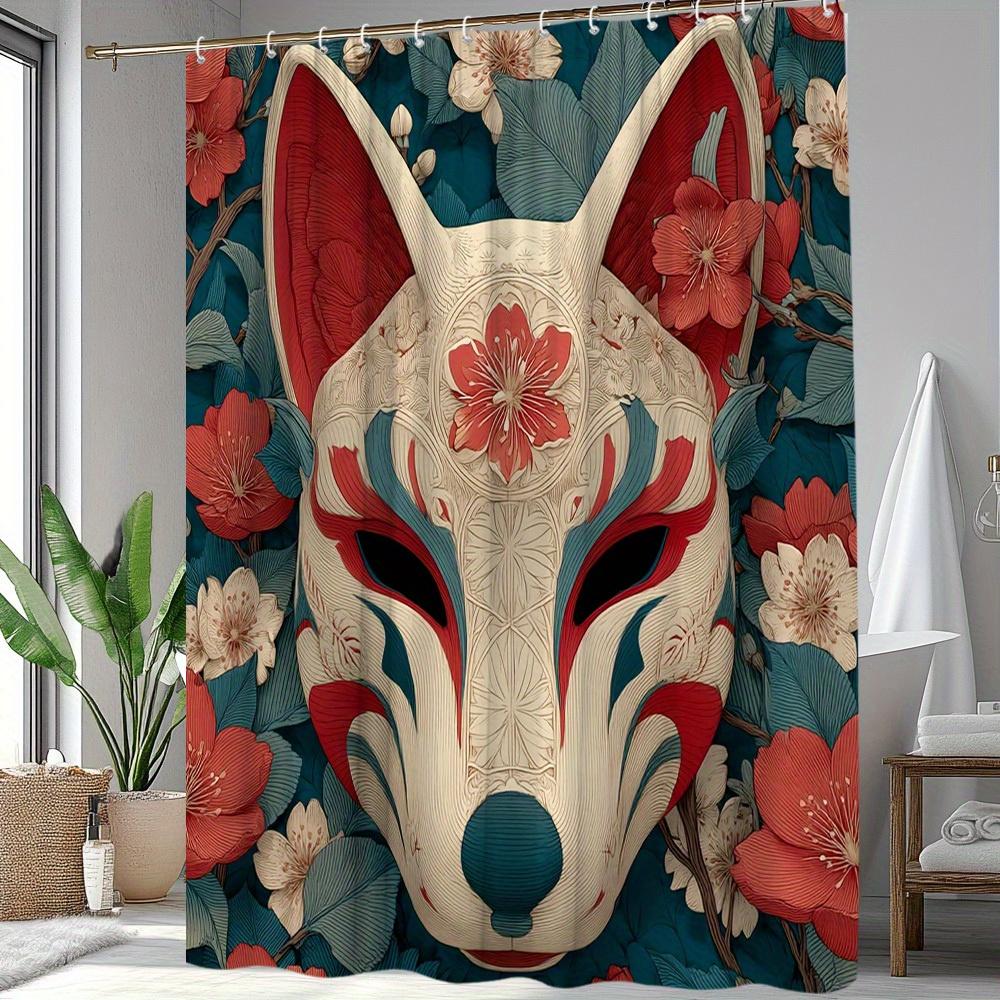 

1pc Fox Pattern Medieval Mystery Style Fox Mask and Cherry Blossom Design Bathroom Decor Polyester Fabric Shower Curtain 90x180cm