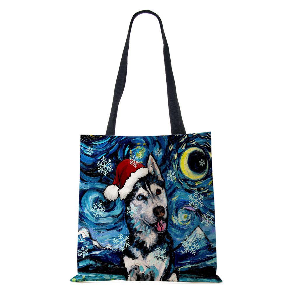 Christmas Dog Canvas Shopper Tote Bag Utskrift Harajuku Kvinner Gjenbrukbar skulderveske 2022 Casual Stor kapasitet sammenleggbar håndveske