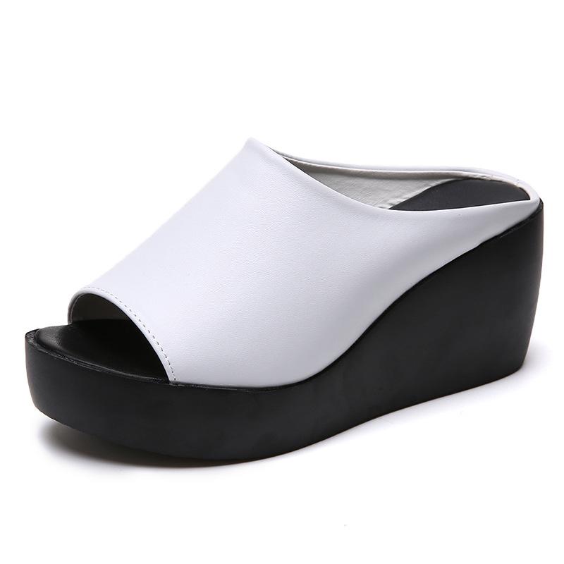 Women's Thick-sole Sandals Wear Leather Black and White Muffin High-heeled Fish Mouth Sandals Non-slip Wedge Sandals