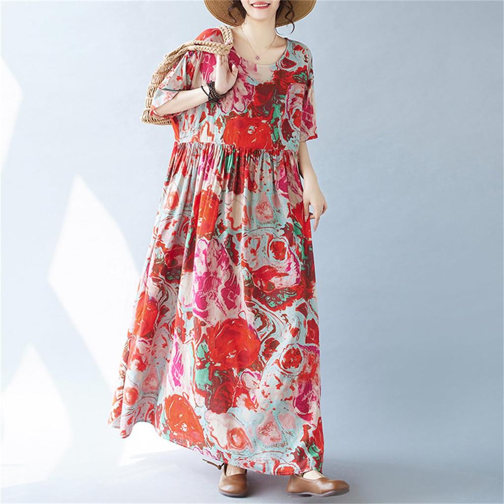 Summer Resort Mori Girl Long Plus Loose Bohemian Floral Perfect for Popular Free Floral Print [kisetsumate] Women's Dress, Cotton-Linen, Style, Dress,