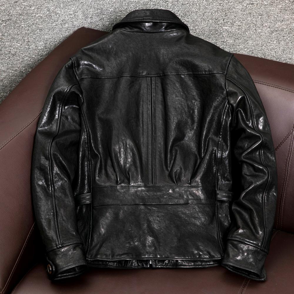 Genuine Sheepskin Leather Jacket Men Slim Fit Vintage Biker Coat Retro Collar