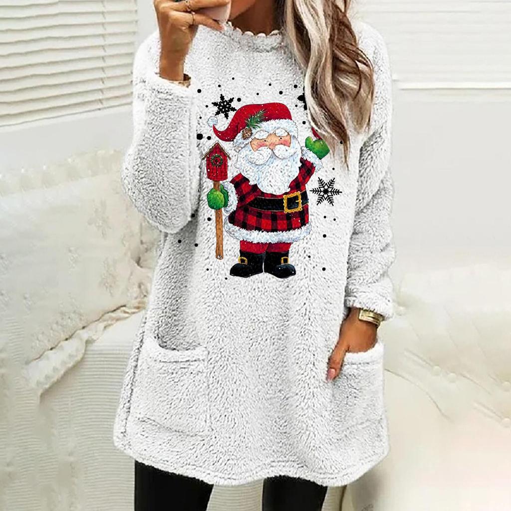 Cross-border Women's Christmas Grandpa Print Plush Hoodie with Pockets