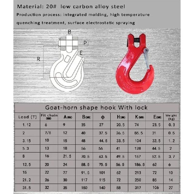 High Strength Crane Lifting 80 Level Goat-horn Shape Clasp With Lock,Australian Style Grab Hook Bearing Weight 1-5 Ton