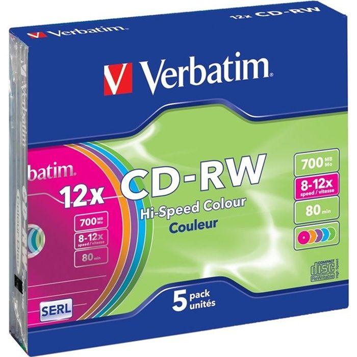 CD-RW Verbatim - Pack de 5 - Boitier Slim - 700 Mo - 80 min - Vitesse 12x