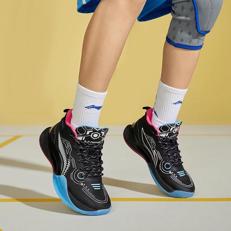 Li Ning YOUNG Synthetic Leather Anti Kick Abrasion Resistant Rebound Support Mid top Basketball Shoes Black YKBS106-5