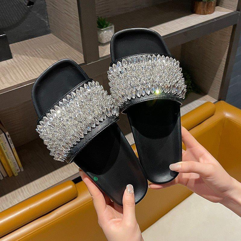 Cool Slippers Women'S Summer Fashion Outer Wear Casual Open-Toed Sandals Flat Bottom One-Word Buckle With Rhinestones