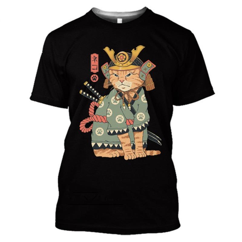 Trendy Summer Samurai Cat 3D Digital Printed Short Sleeved T-shirt for Men Women Shirt