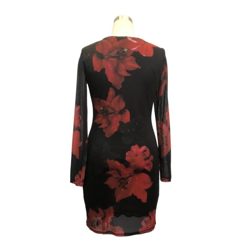 Damska wiosenno-letnia sukienka z gazy z kwiatowym nadrukiem, z okrągłym dekoltem, dopasowana, z długim rękawem