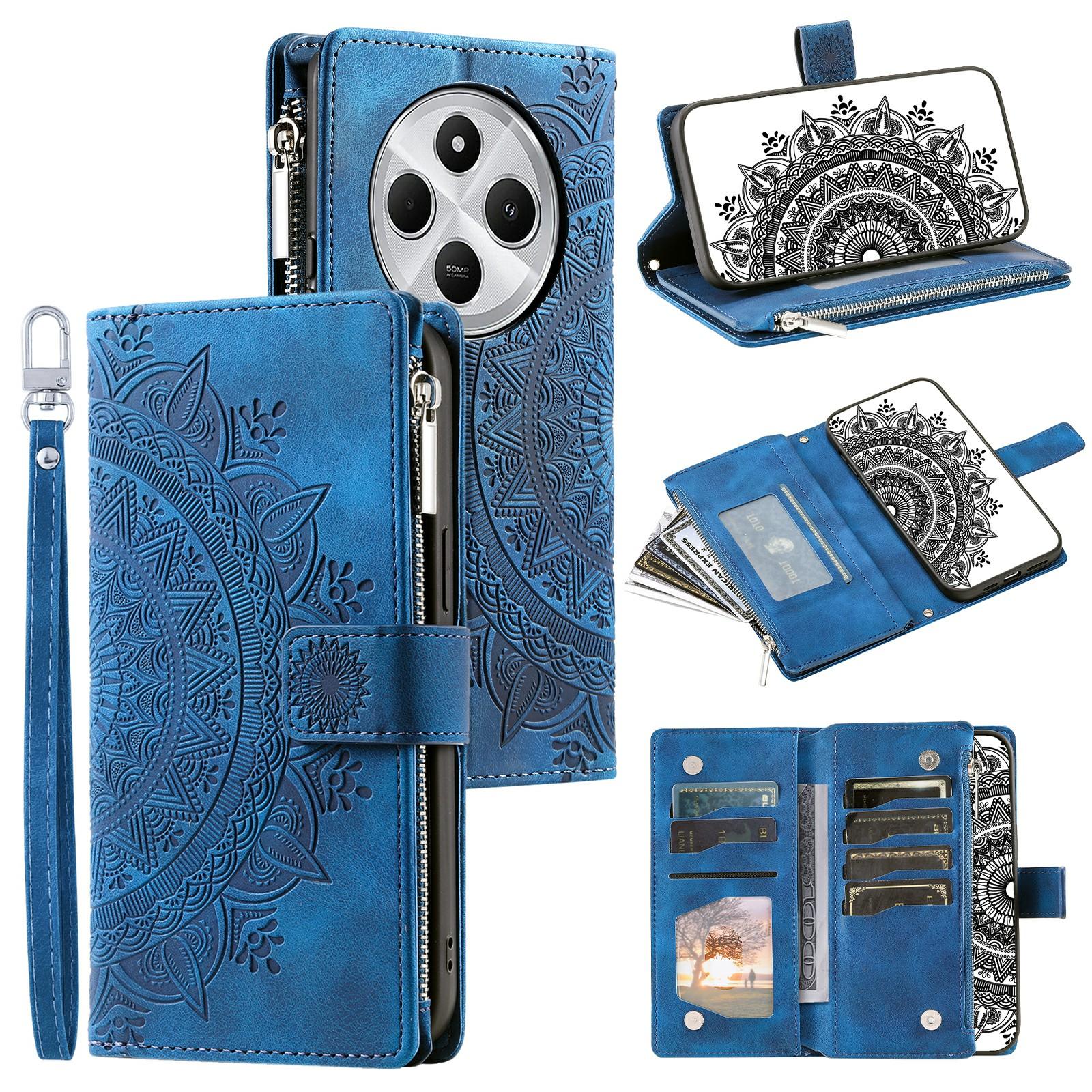 

Style 006 For Xiaomi Poco C75 4G/Redmi 14R 5G/14C 4G Case Mandala Flower Pattern PU Leather Zipper Wallet Phone Cover Blue