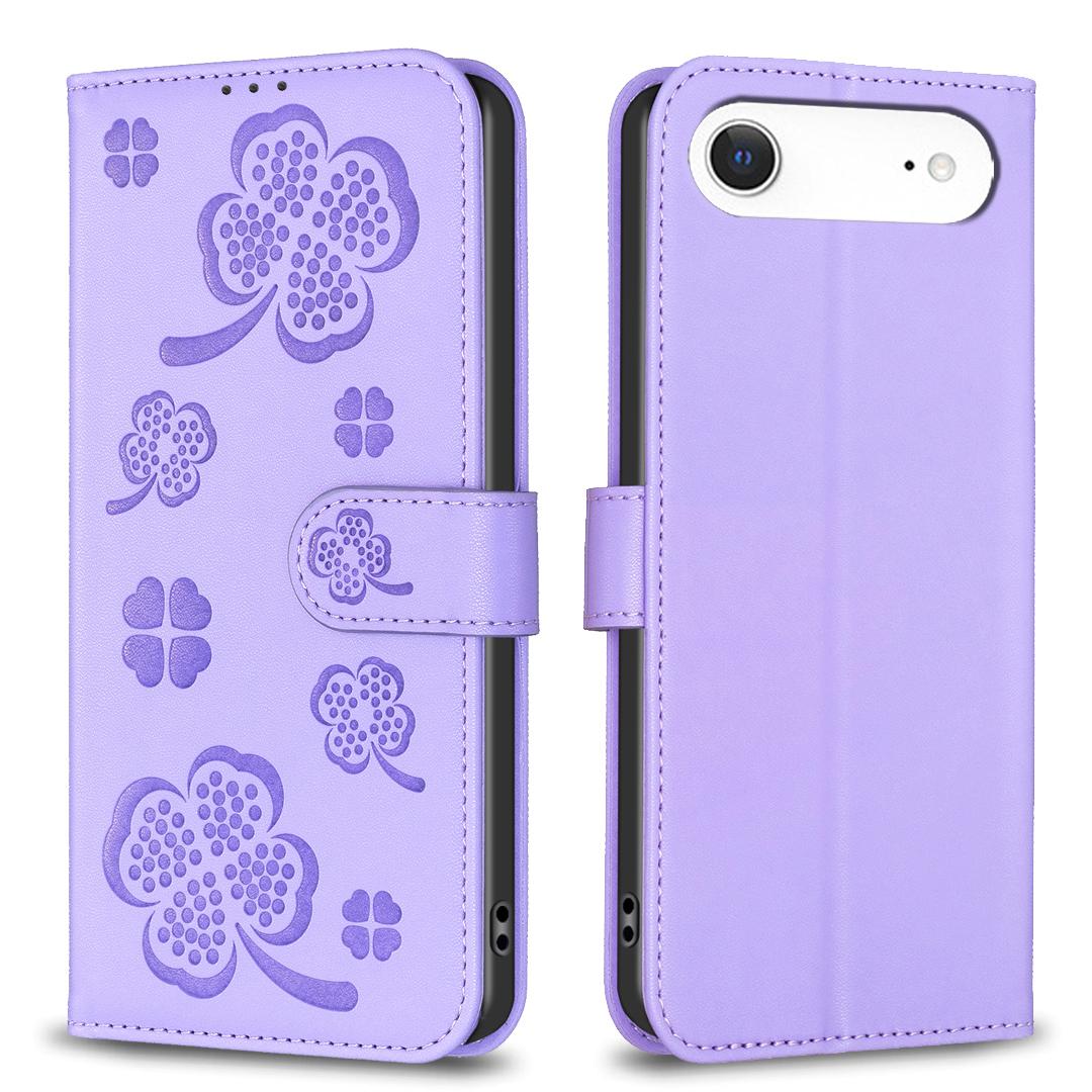 

For iPhone 17 Air Case Clover Pattern Wallet Stand View Leather Phone Cover Purple