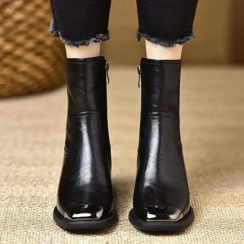 New Split Leather High Quality Ankle Boots for Women Pointed Toe Zipper Chunky High Heels Autumn Boots Big Size 35-40