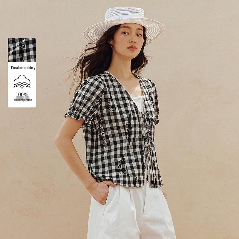 INMAN Французская ретро клетчатая вышитая рубашка с коротким рукавом M