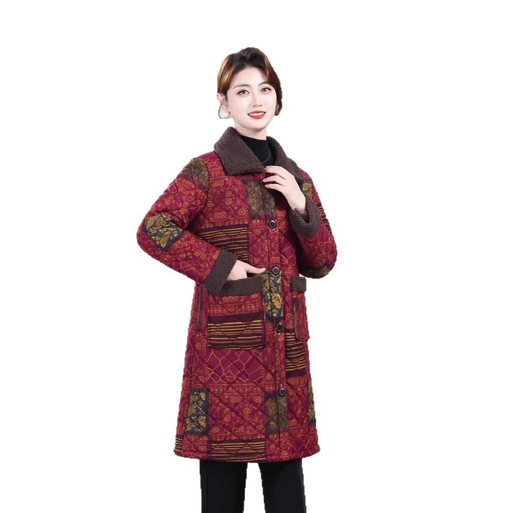 Mom's Thickened Mid-Length Winter Cotton Jacket with Fleece Lining, Plus Size, Warm Coat for Elderly Women