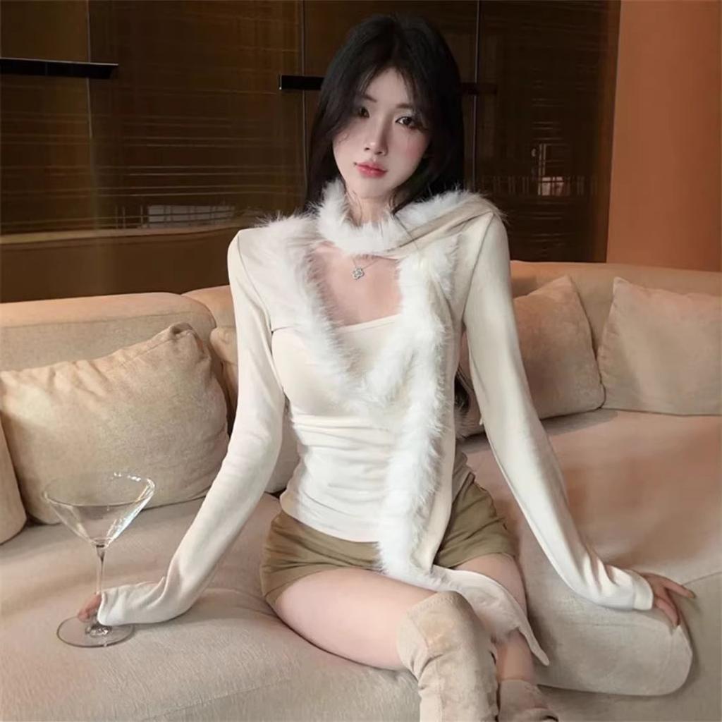 Pure Desire Style Design Mao Mao Scarf Splicing Slim-fitting Long-sleeved T-shirt Women's Autumn and Winter Temperament Beautiful and Thin Sexy Top