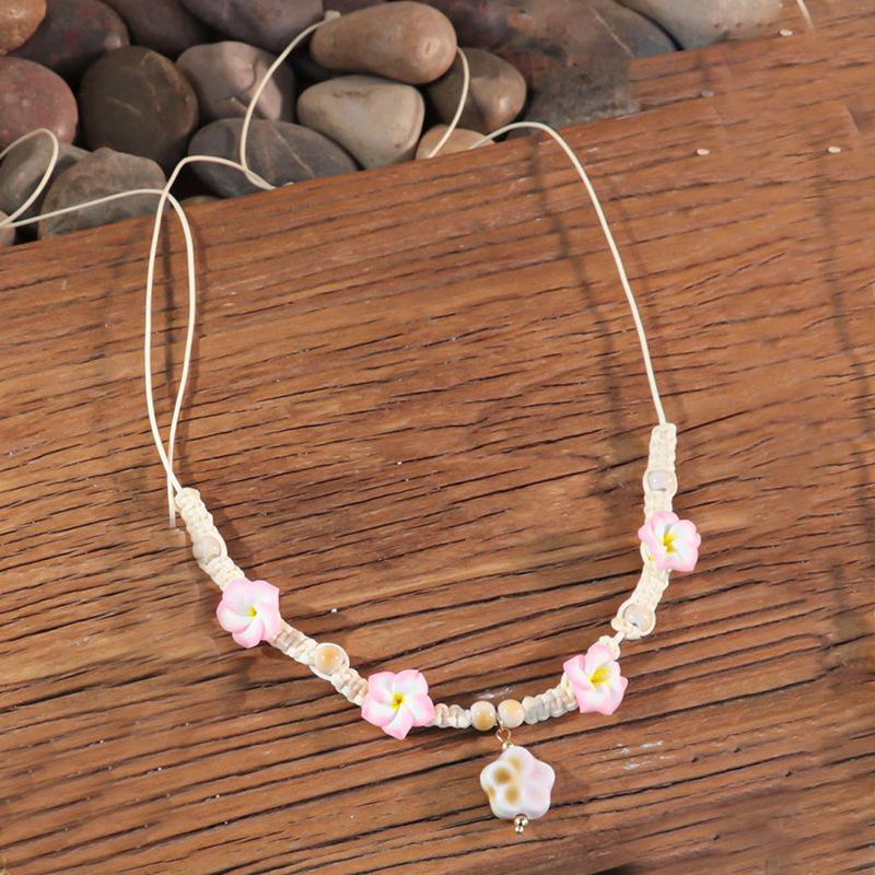 Ocean Elements Ceramic Starfish Turtle Necklace Bracelet Set, Three-dimensional Soft Pottery Flower Adjustable Weaving Jewelry