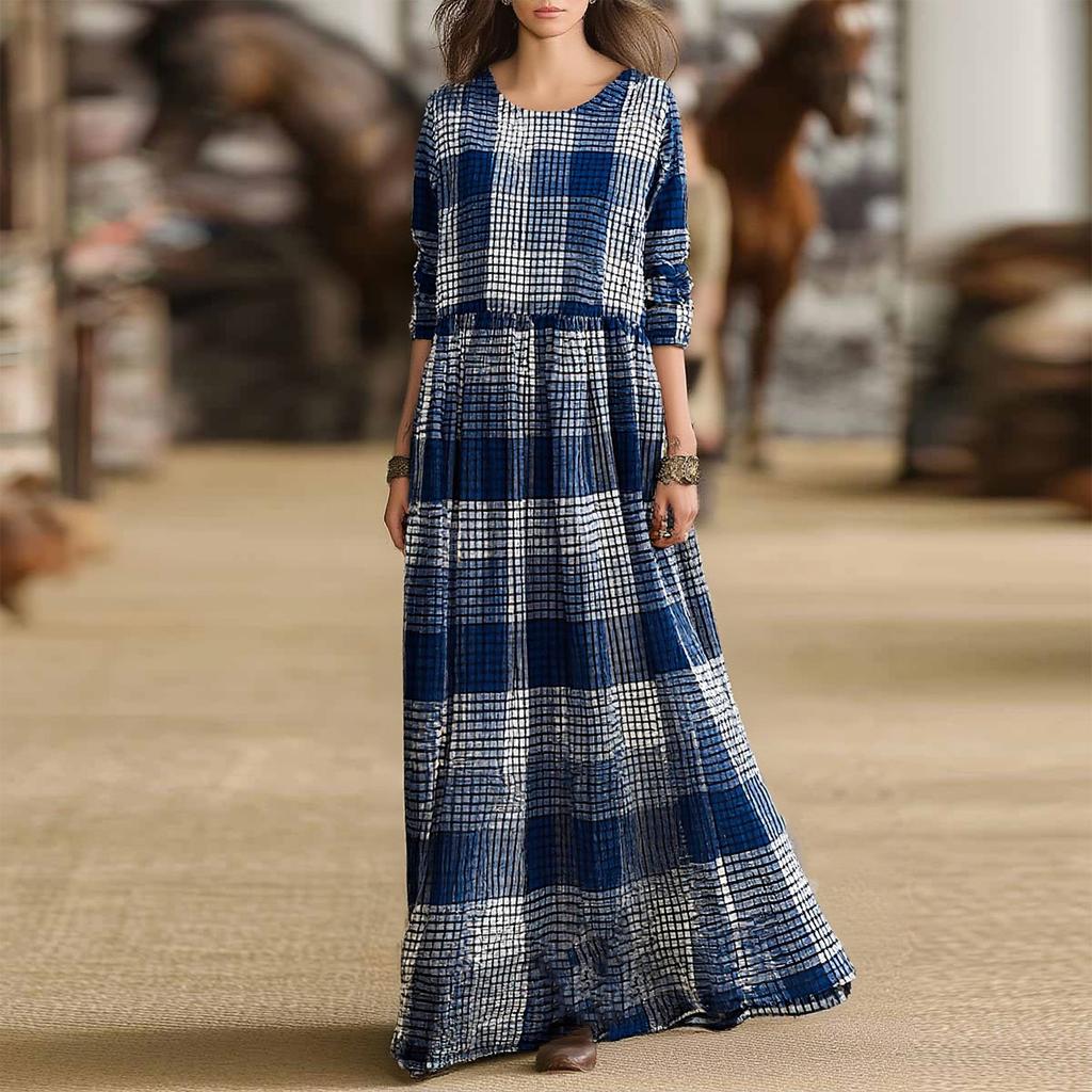 Elegancka damska sukienka koszulowa w kratę z długim rękawem Modna sukienka z kołnierzykiem koszulowym w kratę