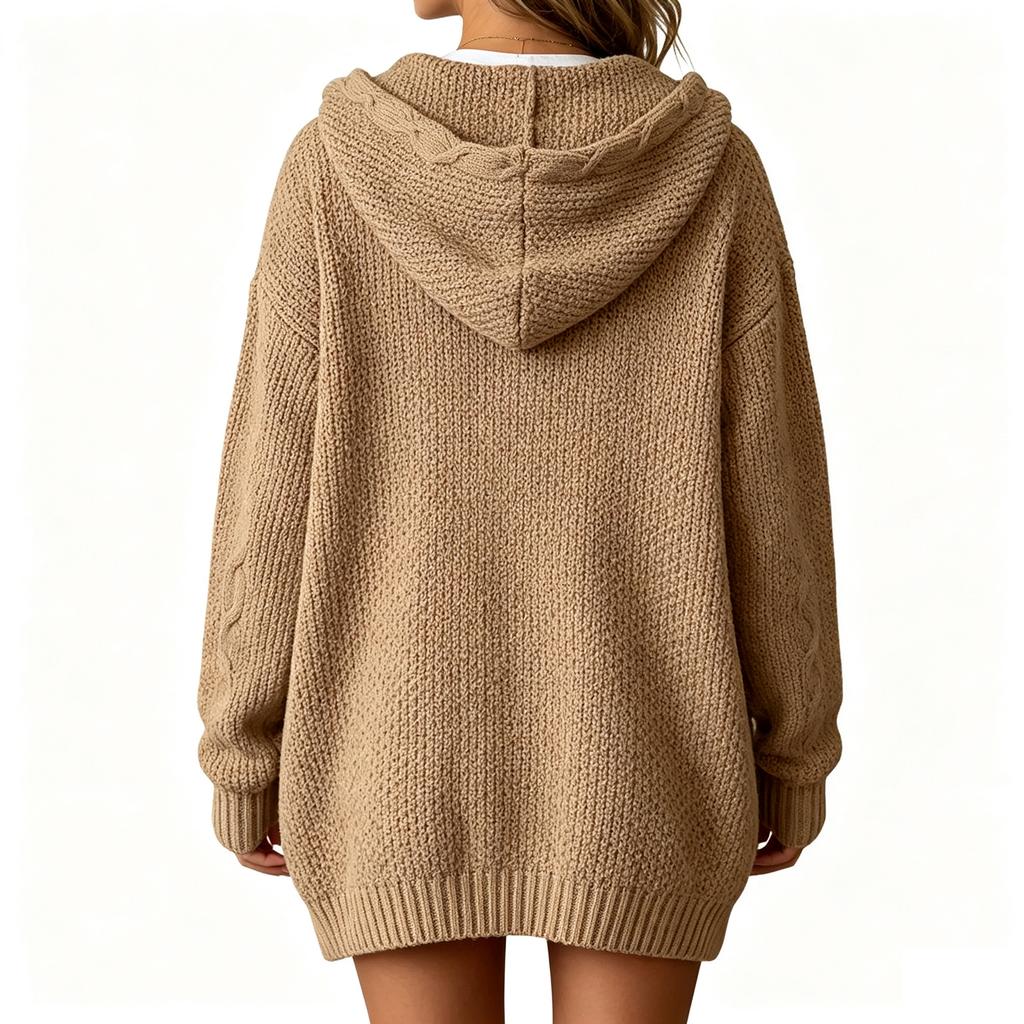 Women's Casual Hooded Cable Knit Cardigan with Pockets, Color Loose Fit