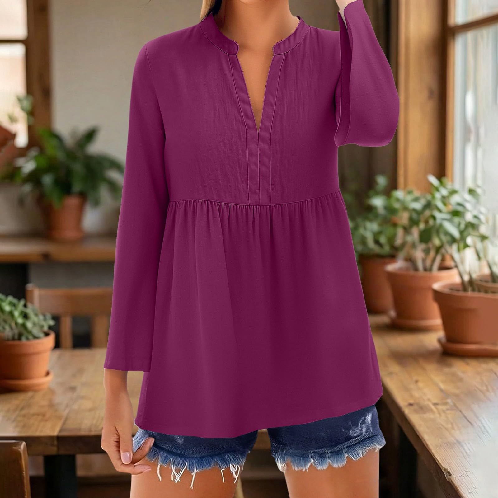 Women s Fashion -Colour Cotton-Linen Blend Literary Vintage Casual Three-Quarter Sleeve Shirt Top S