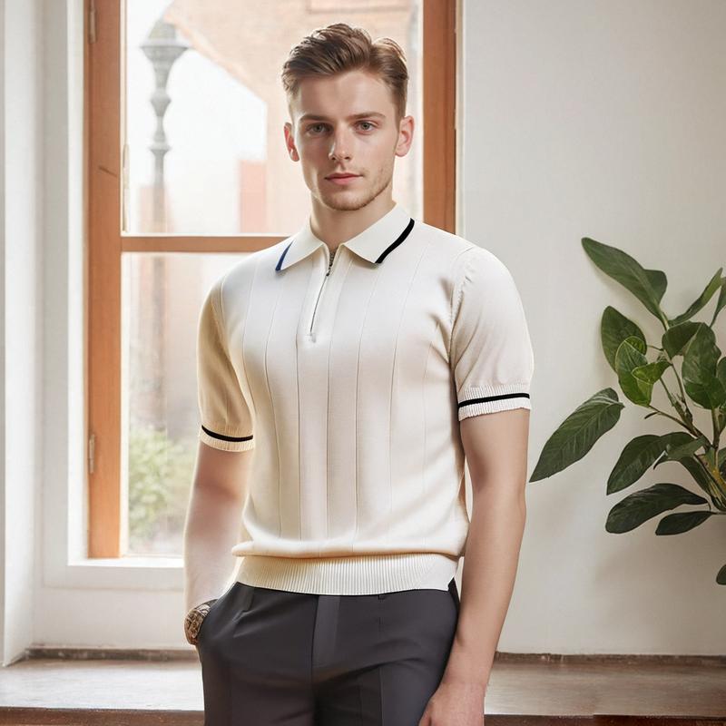 Summer Thin Ice Silk Turn-Down Collar Men's Polo Shirt Knitted Short Sleeve T-Shirt Half-Zip Trendy Slim Fit Half Sleeve