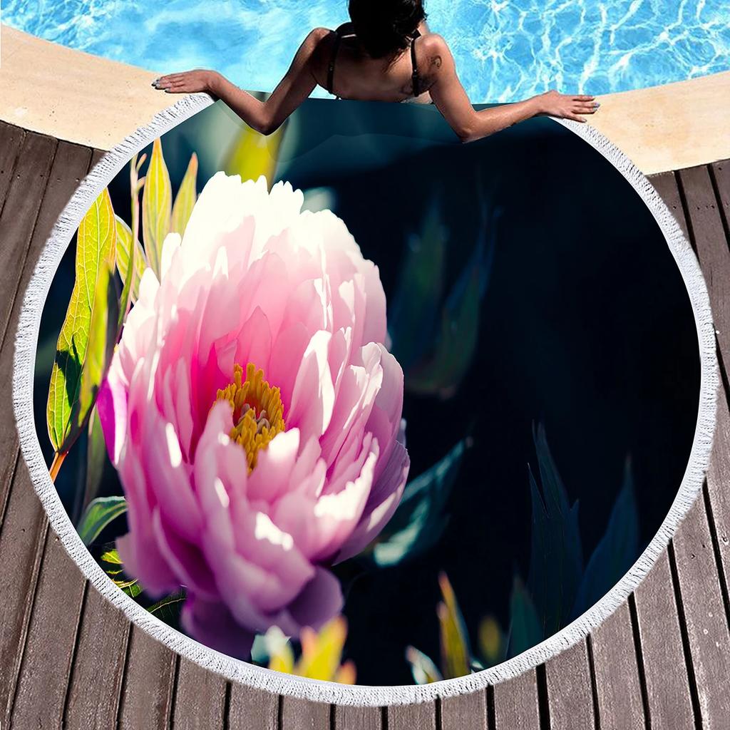 Botanical Peony Floral Round Beach Towel,Microfiber Sand Resistant Beach Blanket,Soft Absorbent Quick Dry Pool Towel Picnic Mat