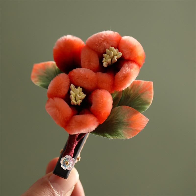 Handmade Chinese Traditional Velvet Flower Hair Clip Wooden Hairpin Hanfu Cosplay Festival Wedding Accessory Hair Clip Yangchun Velvet Flower Trim