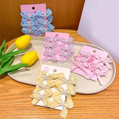 6Pcs Girl Hairpin Hand-Sewn Bow Hair Clip with Imitation Pearl Beads Macaron Color Safe Scalp-friendly Hairpin Hair Accessories