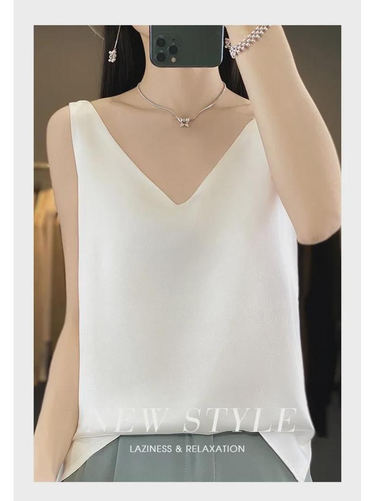 Women's Silk Satin V-Neck Camisole with Spaghetti Straps – Trendy Spring/Summer Slim Fit Inner Top