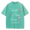 Pink Bow Letter Printed Washed T-shirt  Cotton Top Comfortable Anti Wrinkle Round Neck T-shirt Summer Neutral