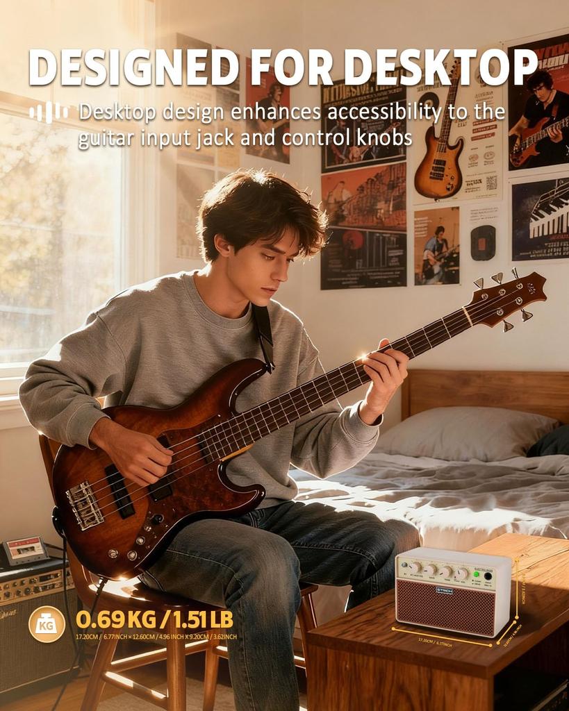 STRICH Mini Bassverstärker, 5W x 2, Tragbar, mit kabelloser Konnektivität, Clean & Drive Kanäle, für E-Bass, SBA-10