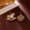 Asymmetrical Zodiac Horse Stud Earrings - High-End Fashion, Micro-Paved Diamond, Exquisite New Chinese Style Jewelry
