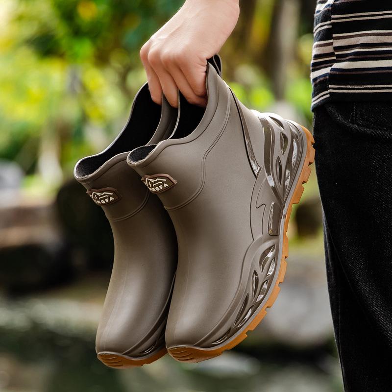Men's Non-slip Waterproof Ankle Rain Boots - Fashionable, Wear-resistant Outdoor Rubber Shoes for Kitchen and Work.