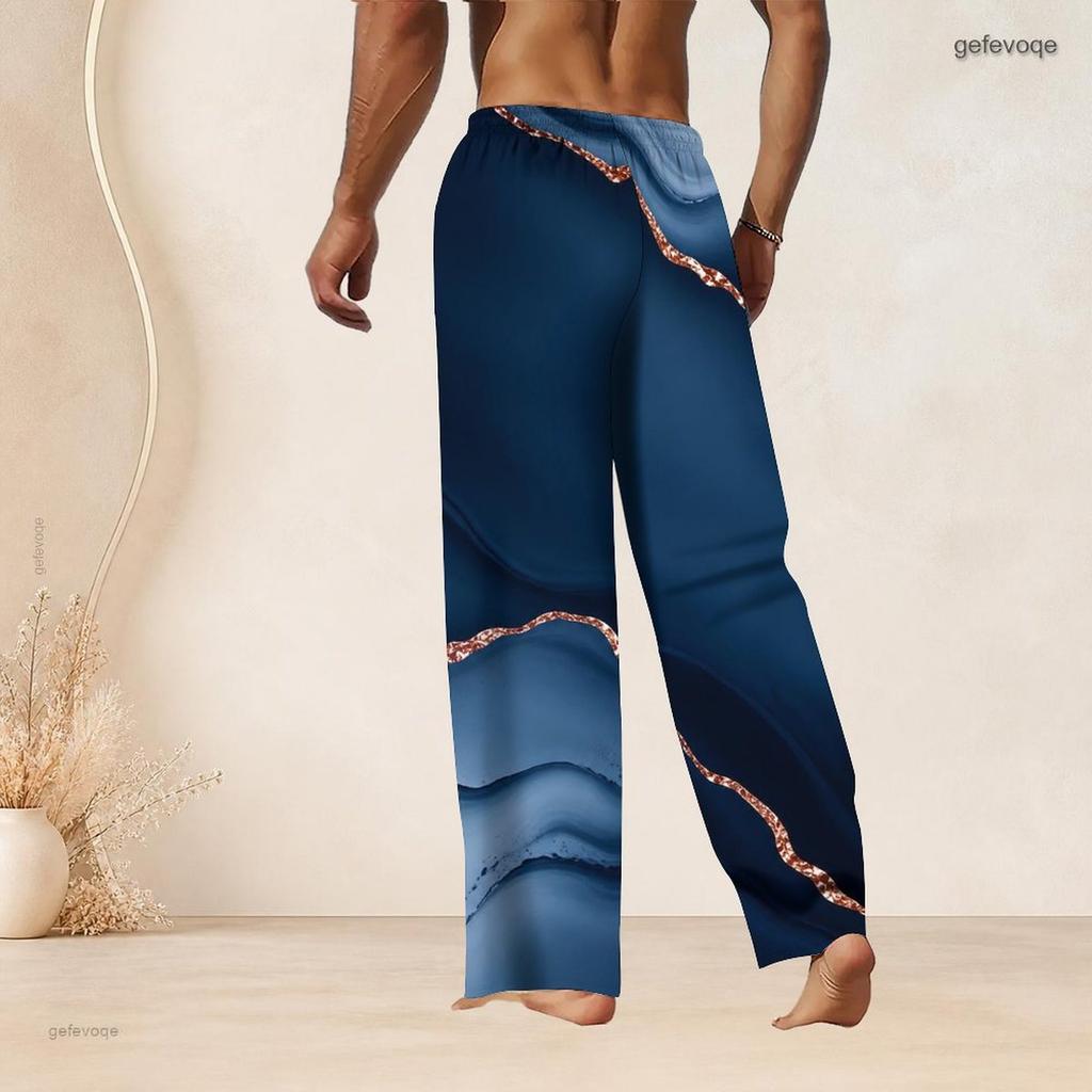 Men S Plus Size Drawstring Waist Blue Gold Marble Print Straight Leg Full Length Beach Pants