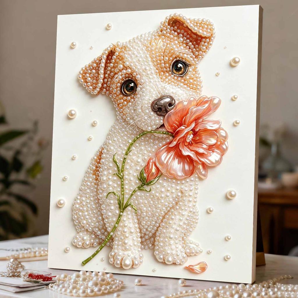 Easy DIY Framed Pearl Bead Painting Kit with Adorable Puppy and Flower 3D Sparkling Canvas Art for Home Decoration Gift Idea