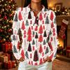 Women's Casual Christmas Print Long Sleeve Button Front Top with Lapel Collar and Side Slits