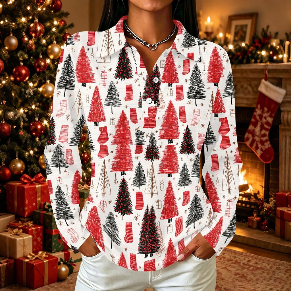 Women's Casual Christmas Print Long Sleeve Button Front Top with Lapel Collar and Side Slits