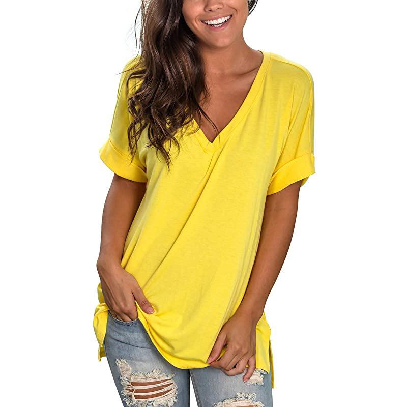 Women Fashion V-neck  Loose Lengthen Cotton Casual Short Sleeves Crop Top Solid Color Simple T-shirt