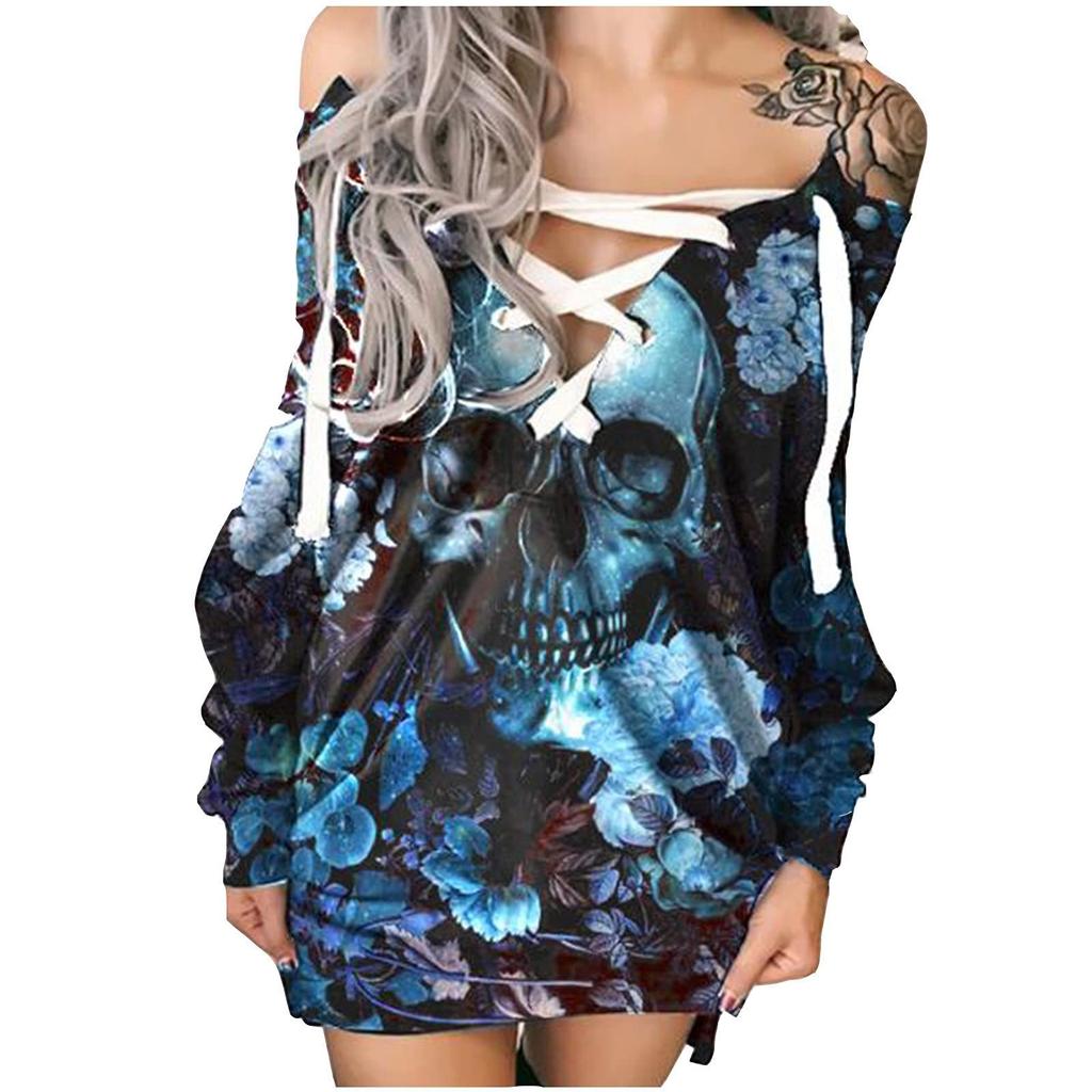 Women's Casual Fashion 2022 Lace-Up Strapless Halloween Print Mid-Length Sweatshirt Dress