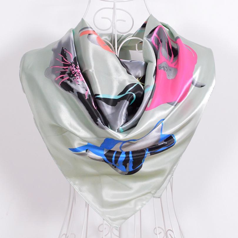 [BYISFA] Ladies Silk Scarf Wraps Europe Style Design Satin Big Square Scarf Printed New Brand Women Blue Silk Scarf  90*90cm