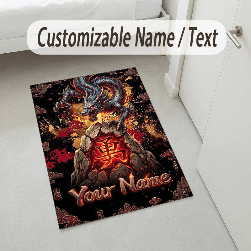 Dragon Phoenix Theme Crystal Velvet Rug Personalized Custom Name Text Soft Floor Mat Home Decor