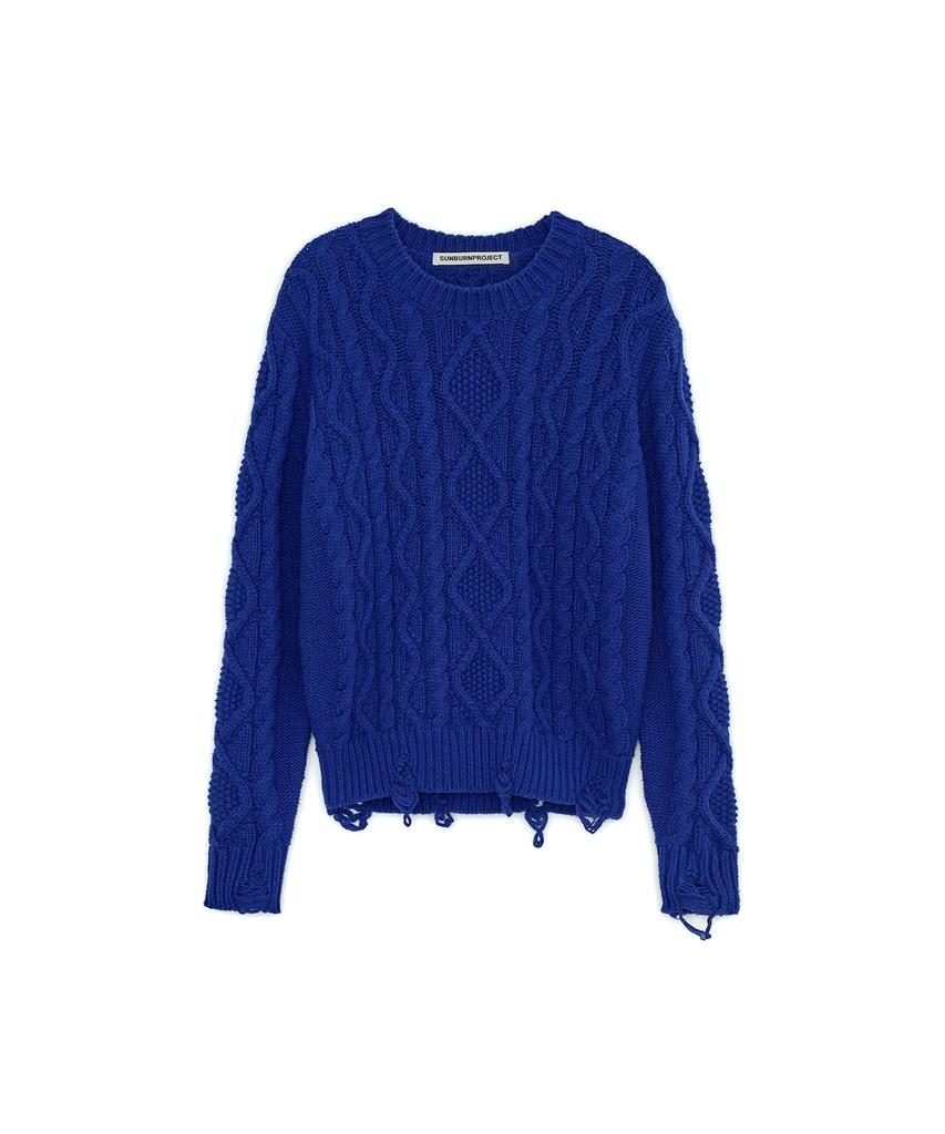 SUNBURNPROJECT Damaged Cable Wool Knit, Blue