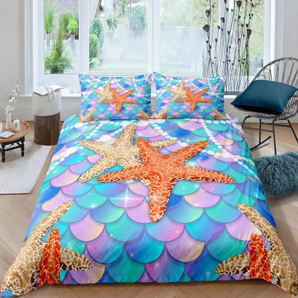 Starfish Duvet Cover Set Summer Beach Seashell Starfish Twin Bedding Set Polyester Hawaiian Tropical Nature Sea King Quilt Cover