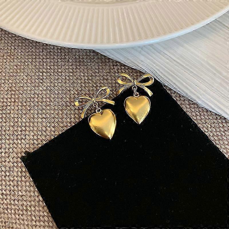 Gold Heart Dangle Earrings For Women, Ribbon Bow Dangle Earrings, Gift For Valentine's Day Anniversary Birthday