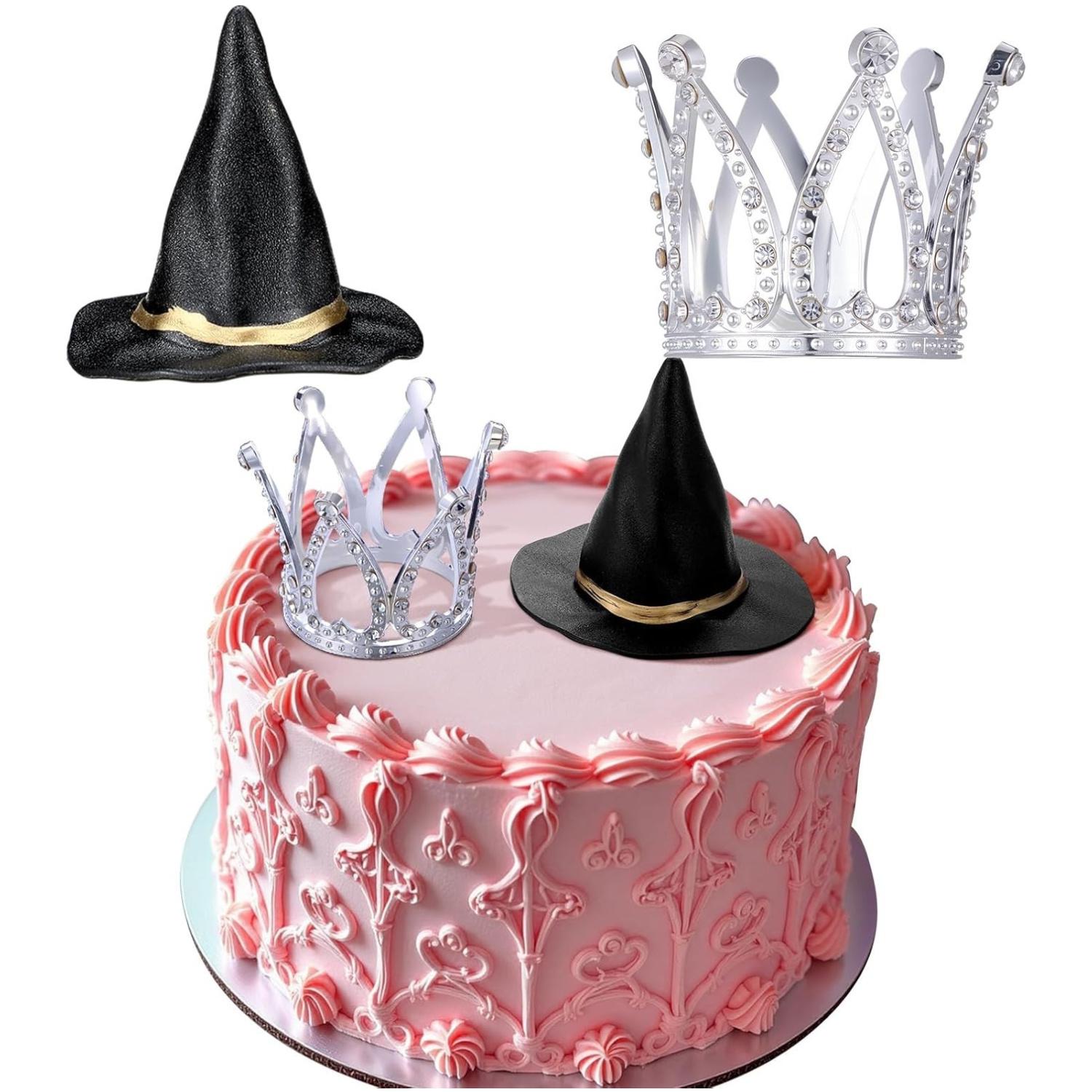 

Witch Hat and Crown Cake Topper Mini Witch Hats Crown Tiara Cupcake Decorations for Princess Birthday Halloween Party Supplies