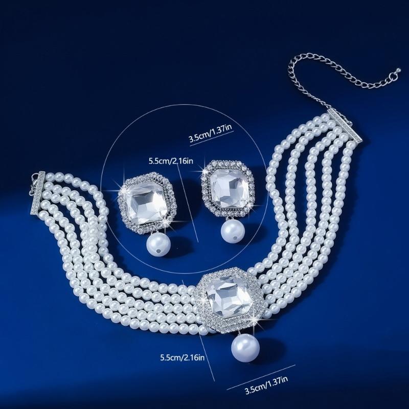 Pack Of 1 Set Elegant Multilayer Faux Pearls And Geometric Crystal Necklace and Earrings Set For Women Lady