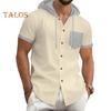 Men's Summer Hooded T-shirt Short Sleeved Button Down Tee with Chest Pocket Waffle Color Block Casual Hoodie T-shirt for Gym Street Wear