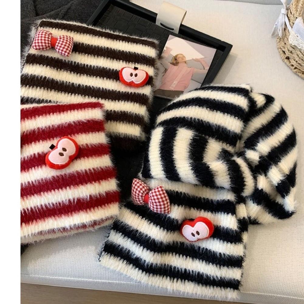 Polyester Warm Winter Scarf Cold Proof Striped Bow Scarf Plush Knitted Neck Scarf Cold Weather
